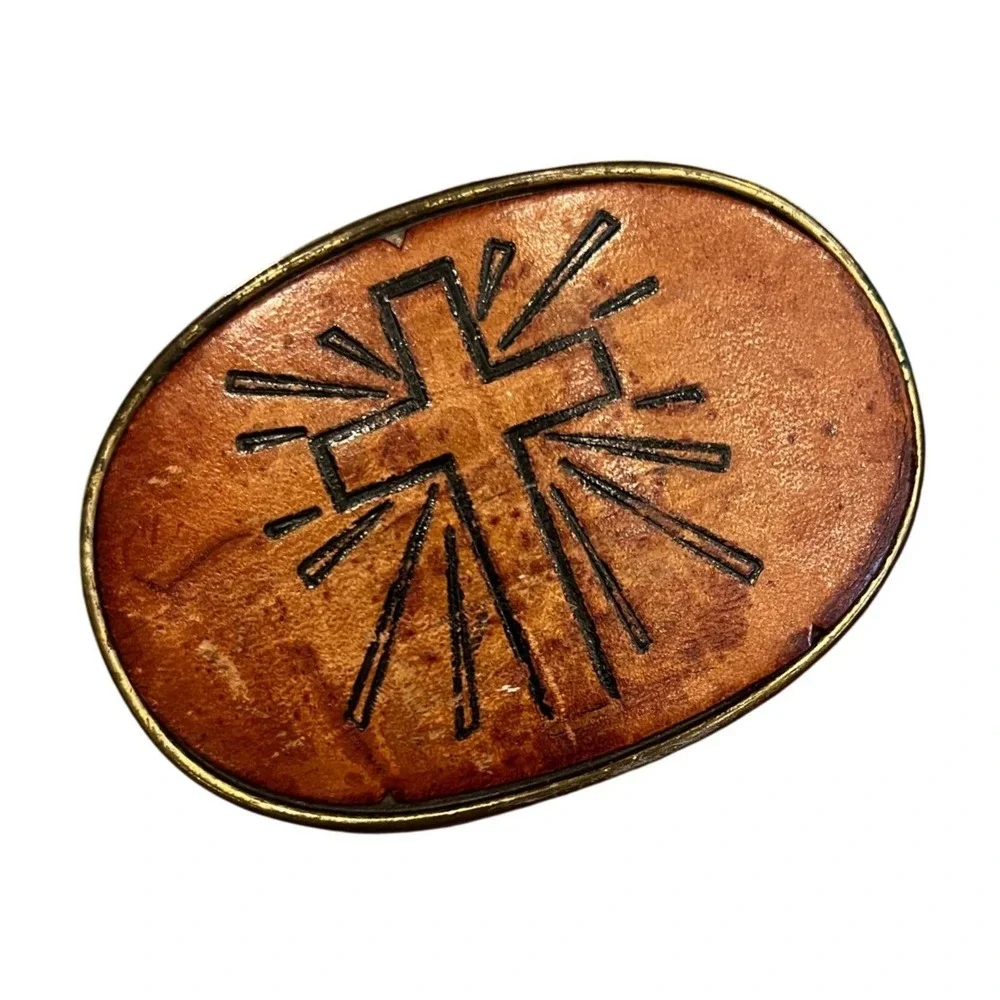 Vintage Southwestern Cross Belt Buckle Leather Inset Brass Tone Cowboy‎ Rustic